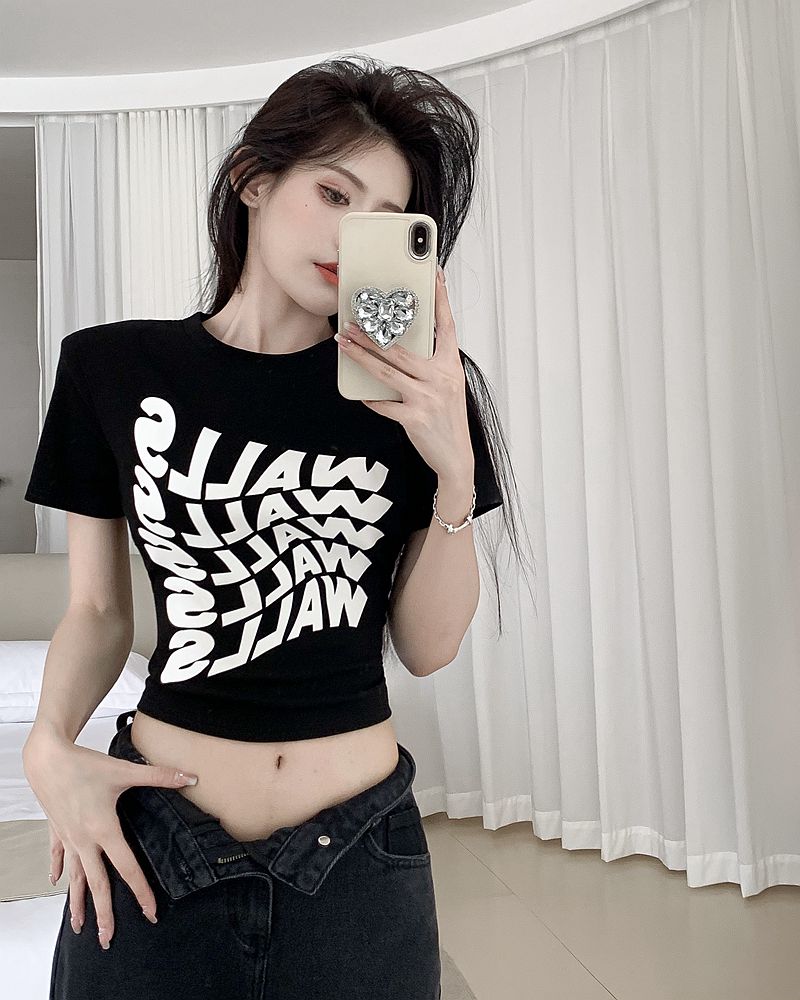 實拍夏季辣妹風波浪字母印花修身短款短袖墊肩T恤女露臍上衣
