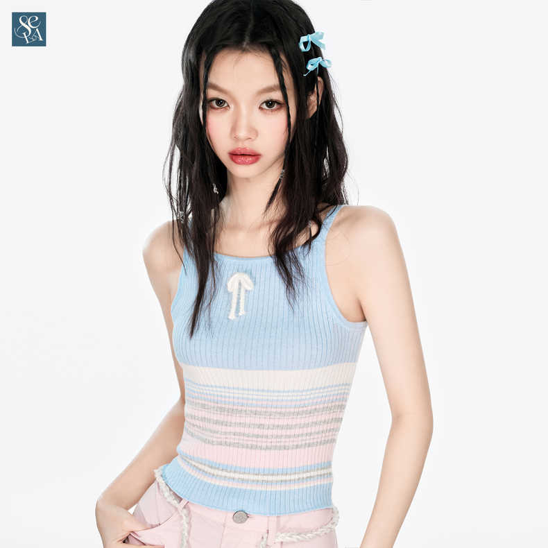 甜辣妹彩虹條紋撞色針織吊帶背心女夏季甜美顯瘦洋氣外穿氣質上衣