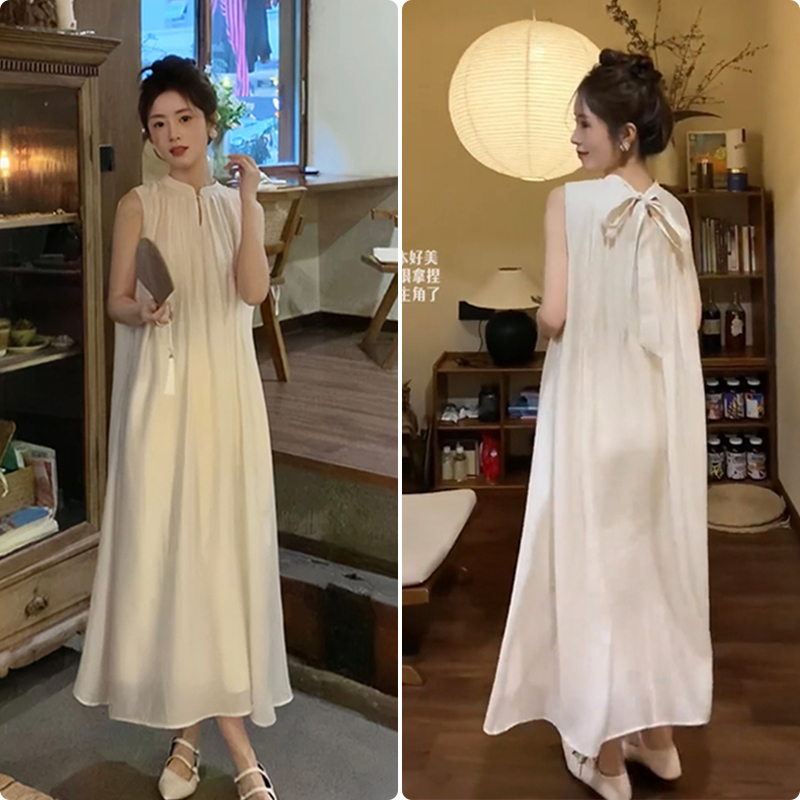 栗子秋~丁達爾2.0 夏季新中式無袖寬鬆連衣裙性感氣質溫柔風