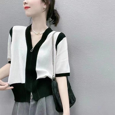 Summer new style simple V-neck stylish black and white spliced ​​sweater with zipper, comfortable and breathable short-sleeved cardigan for women