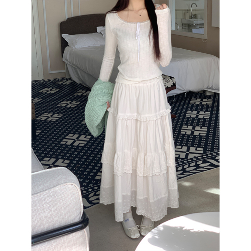 Real shot of heavy industry hollow lace splicing white long skirt for women summer new pure lust style versatile skirt with lining