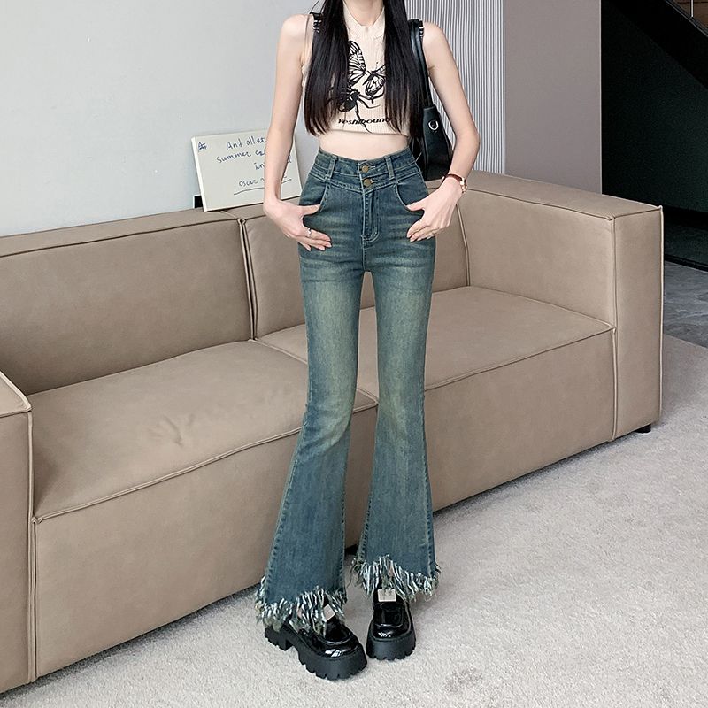 實拍~復古毛邊流蘇牛仔褲女新款辣妹修身顯瘦高腰微喇叭褲子