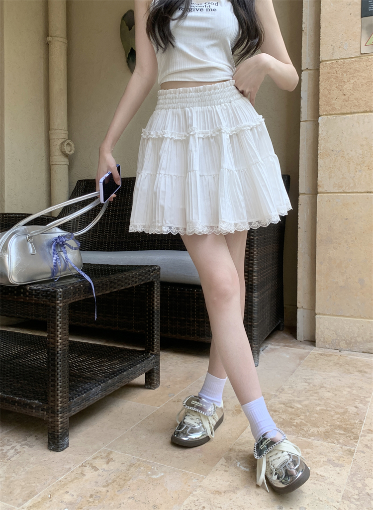 實拍 ~芭蕾甜美風蕾絲拼接蓬蓬半身裙女高腰a字百搭蛋糕短裙