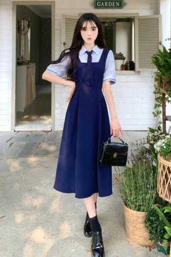 Plus size women's college style shirt dress mid-length French retro temperament fake two-piece short-sleeved summer dress