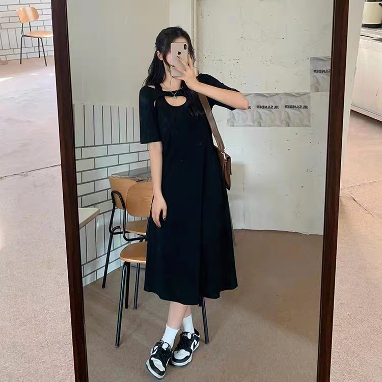 大碼辣妹鏤空純色連衣裙女夏裝新款胖mm黑色收腰簡約氣質長裙子潮
