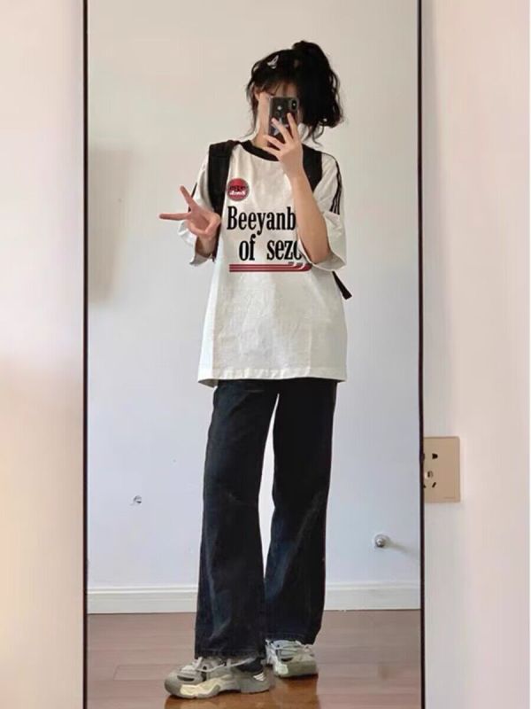 美式復古花灰色三條槓短袖T恤女2024春夏新款多高級感超好看上衣
