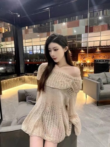 Hollow one-shoulder sweater Korean style loose outer wear long-sleeved pullover sweater top