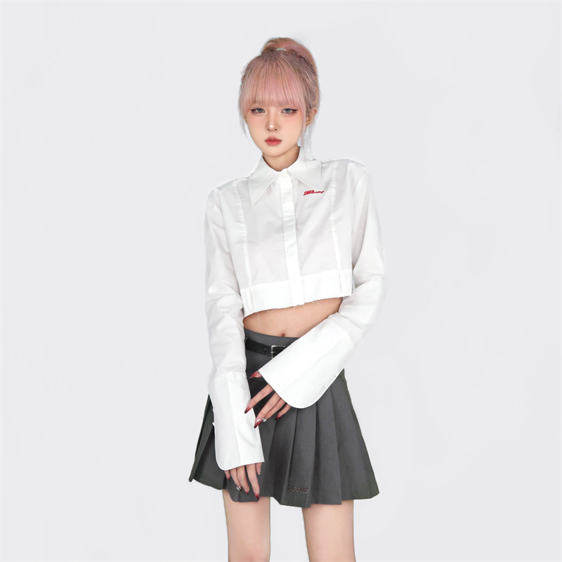 實拍#春季韓版襯衣女2024新款寬鬆短款設計感小眾長袖襯衫上衣