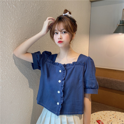 Original workmanship, square collar, women's short-sleeved summer sweet temperament, puff-sleeved short top with niche design