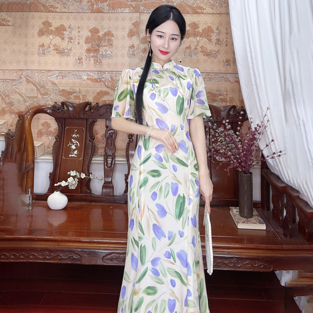 原版 氣質優雅淑女范綠色碎花倒大袖旗袍2024春夏新款日常可穿