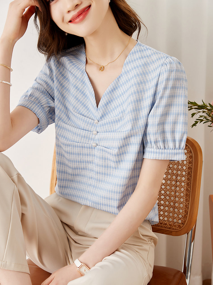 夏裝女2024年新款短袖藍色格子襯衫女今年流行漂亮小衫上衣夏