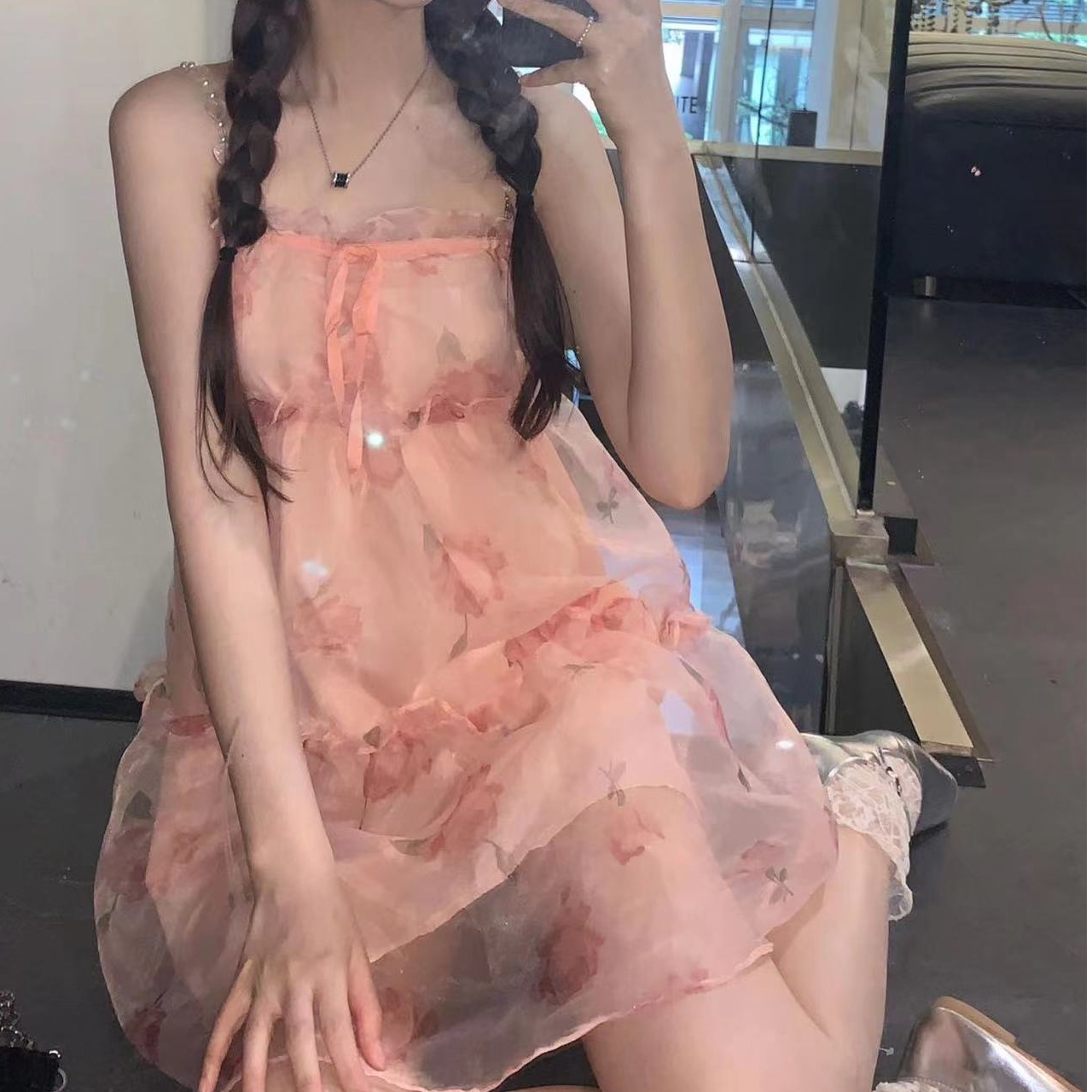 原版面料+做法+里布+側鏈 甜美粉色超仙網紗裙減齡少女吊帶連衣裙