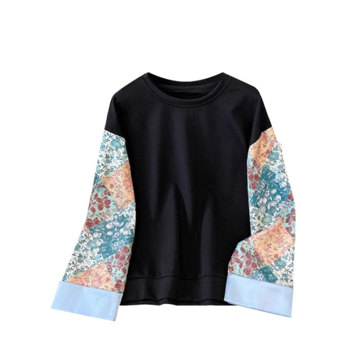 Original workmanship large size spliced ​​sleeves satin jacquard sweatshirt for women 2024 spring new Chinese style top for fat girls