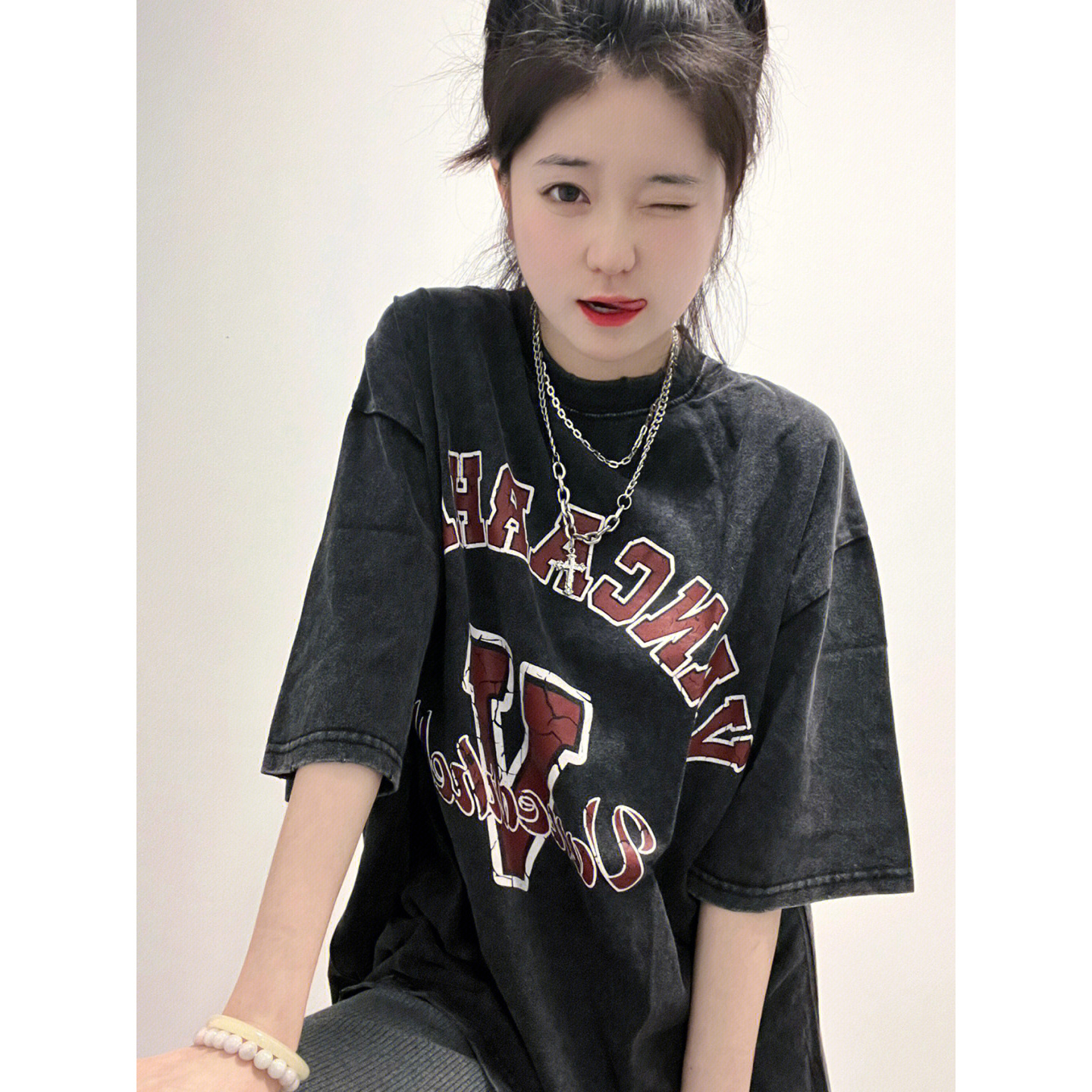 230克純棉包領 春夏季美式復古寬鬆大碼上衣印花水洗做舊短袖T恤