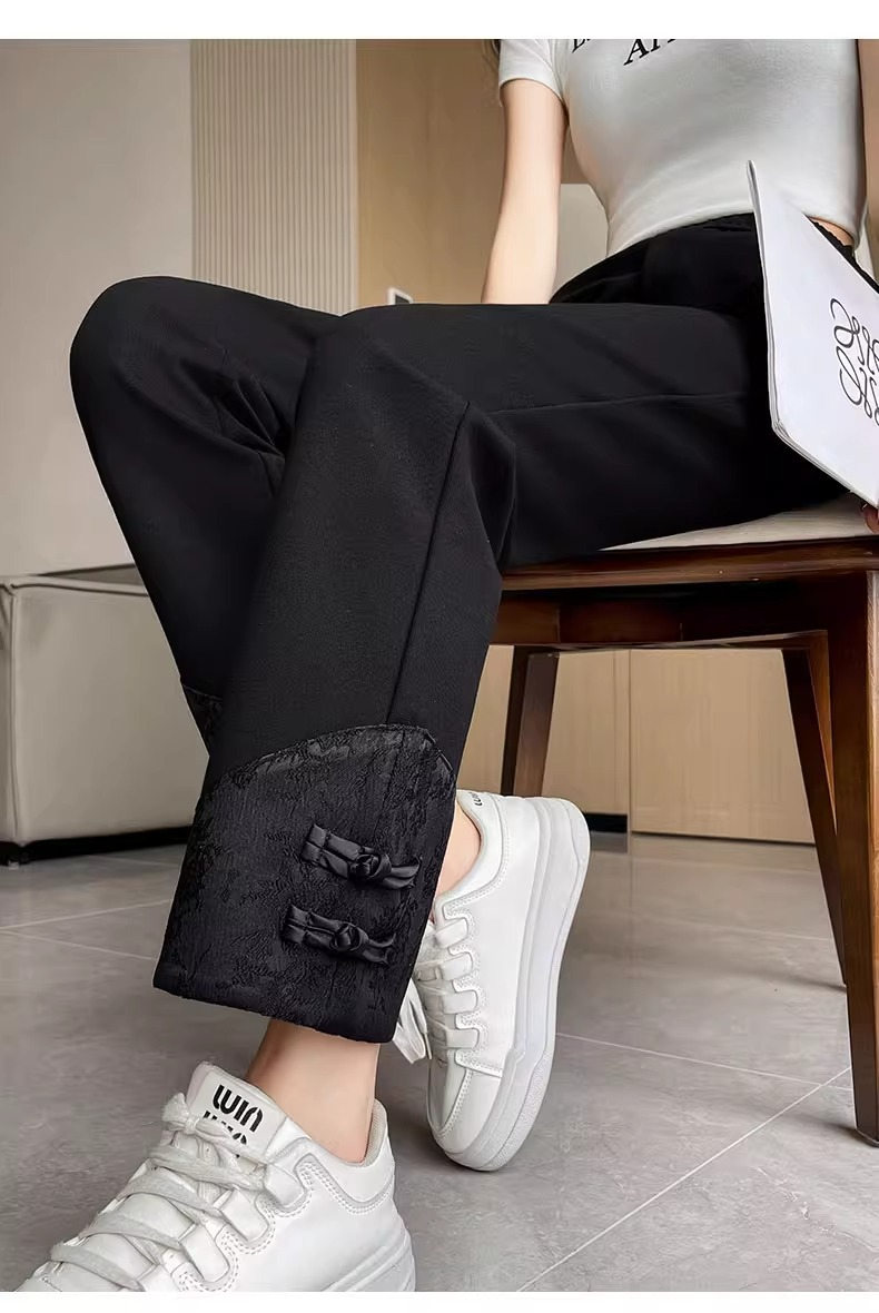 New Chinese style national style cigarette pants for women 2024 spring new style disc buckle nine-point straight pants for small people