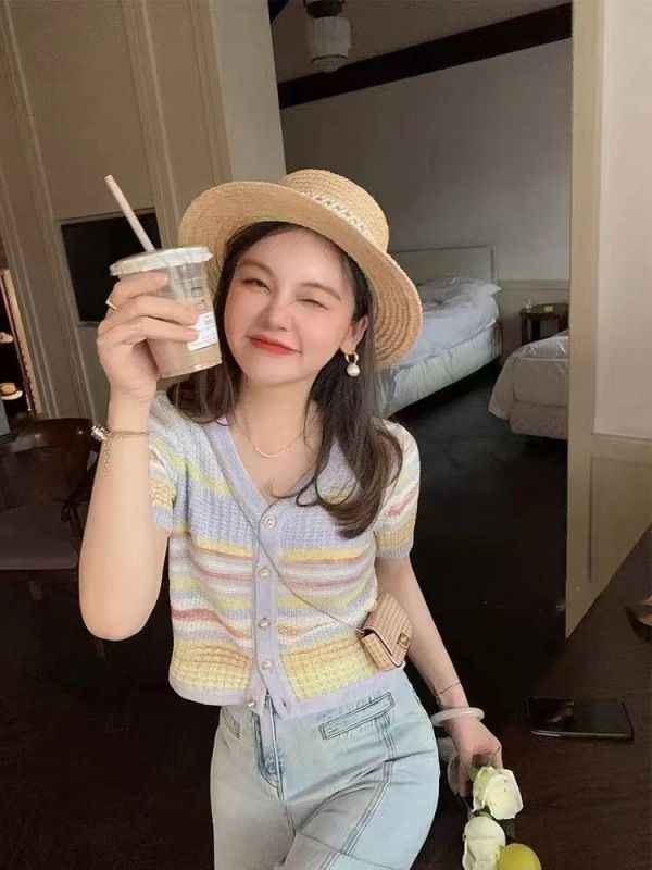 鏤空短袖針織開衫女夏薄款修身法式別致短款彩虹上衣設計感t恤