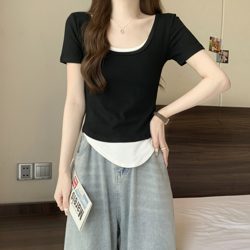 實拍 40支純棉 2024夏裝 假兩件短袖T恤女設計感小眾撞色修身上衣