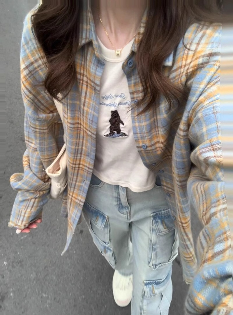 原版布料復古格子設計感港風chic寬鬆慵懶長袖襯衫女