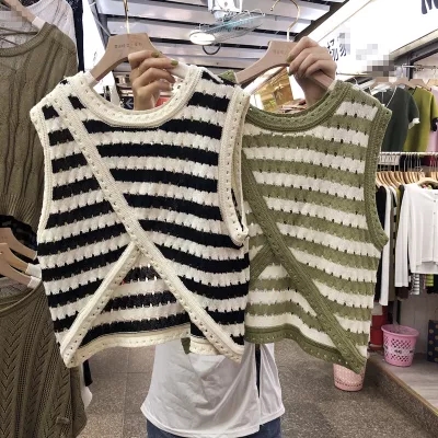 2024 Summer Clothes Retro Slit Design Front and Back Two-Wear Pullover Loose Sleeveless Striped Sweater Vest
