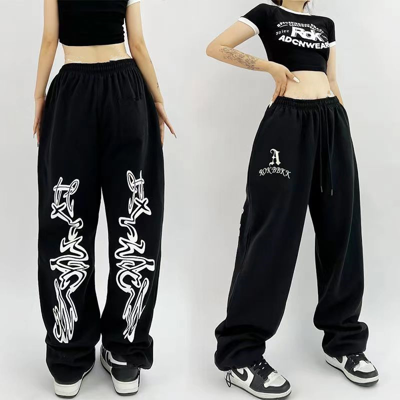 街舞抽繩hiphop高腰垂感休閒運動褲女爵士jazz跳舞長褲子