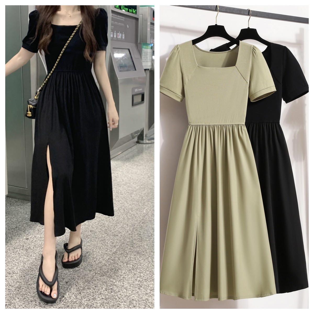 ~Large size French square collar, high waist, slimming, flesh-covering slit short-sleeved dress
