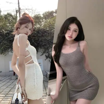 titi小姐姐巴厘島戀人性感露背純欲包臀辣妹白色吊帶連衣裙女