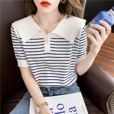 Summer 2024 new age-reducing striped ice silk short-sleeved sweater T-shirt for women beautiful navy collar chic top