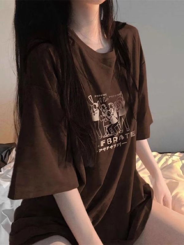 2024夏季純棉t恤美式高街Hiphop棕色寬鬆短袖ins潮大碼復古上衣