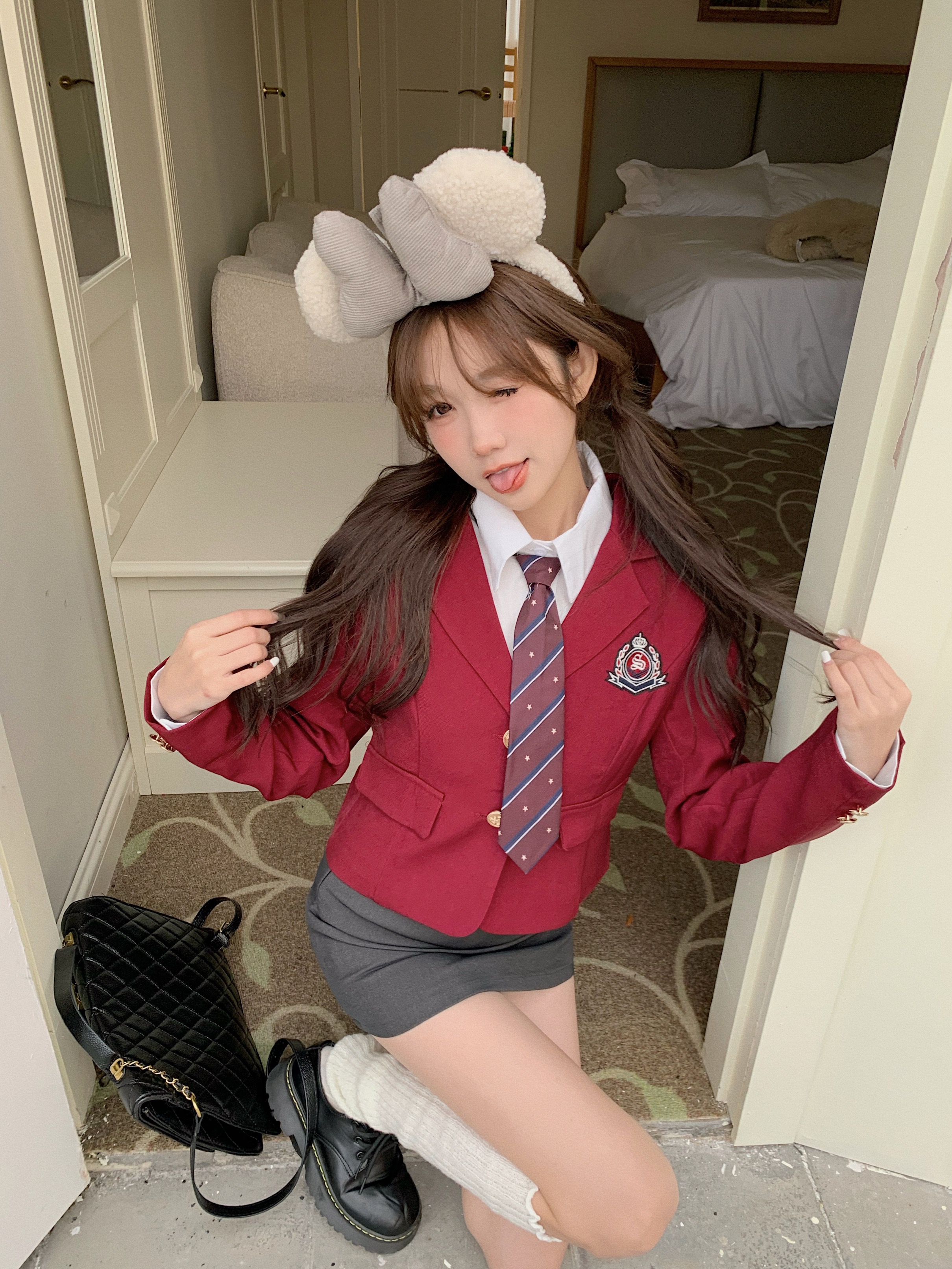 實拍高品質學院風韓系JK制服酒紅色西裝外套修身顯瘦學姐套裝