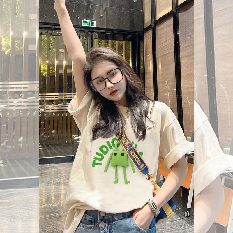杏色短袖t恤女夏季內搭設計感小眾潮牌卡通寬鬆純棉休閒圓領上衣