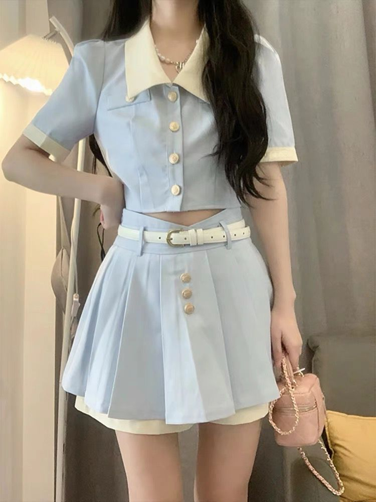 藍色小香風辣妹套裝女夏季高腰裙褲短款上衣甜酷學院風翻領兩件套