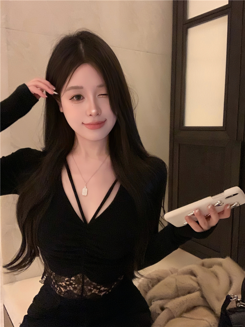 實拍~磨毛針織拼接換邊上衣女長袖V領修身顯瘦純欲性感打底T