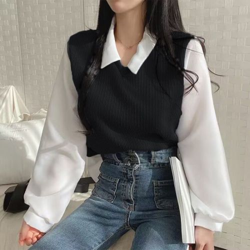 6890# Oversized Fat Girl Two-Piece T-Shirt Women Splicing POLO Collar Long-Sleeve Sweatshirt Loose