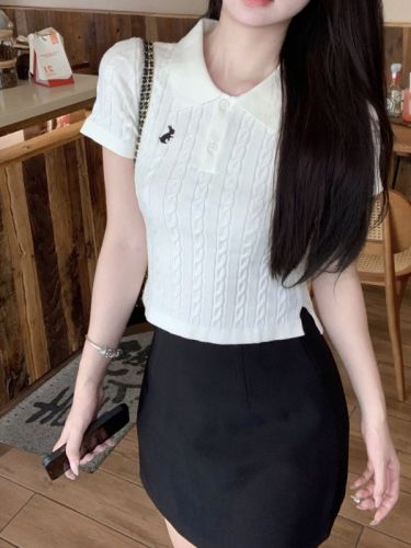 Real shot Summer new college style polo collar twist rabbit knitted short-sleeved top for women