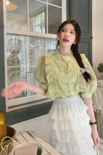 Actual shot of retro stand-up collar silky stand-up lace collar bead plate button puff sleeve shirt