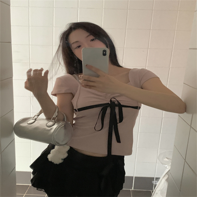 韓系綁帶蝴蝶結短袖T恤女夏季新款設計褶皺修身顯瘦短款上衣chic