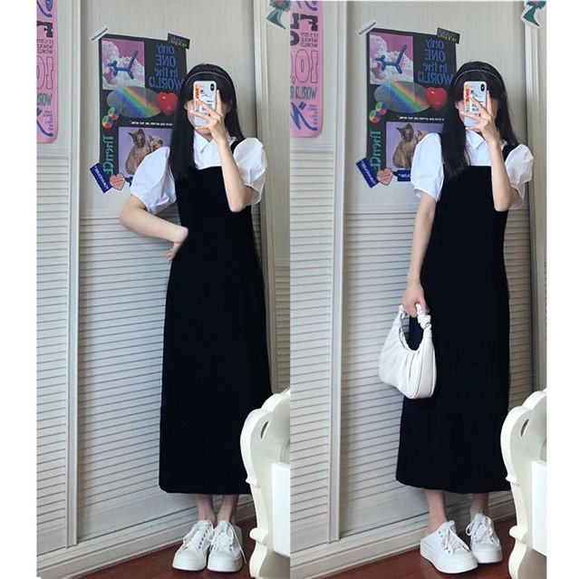 學院風氣質法式襯衫黑色背帶連衣裙兩件套裝女夏季小個子減齡顯瘦