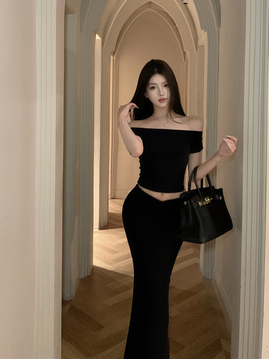 實拍復古性感一字露肩上衣T恤+高腰包臀魚尾半裙兩件套女