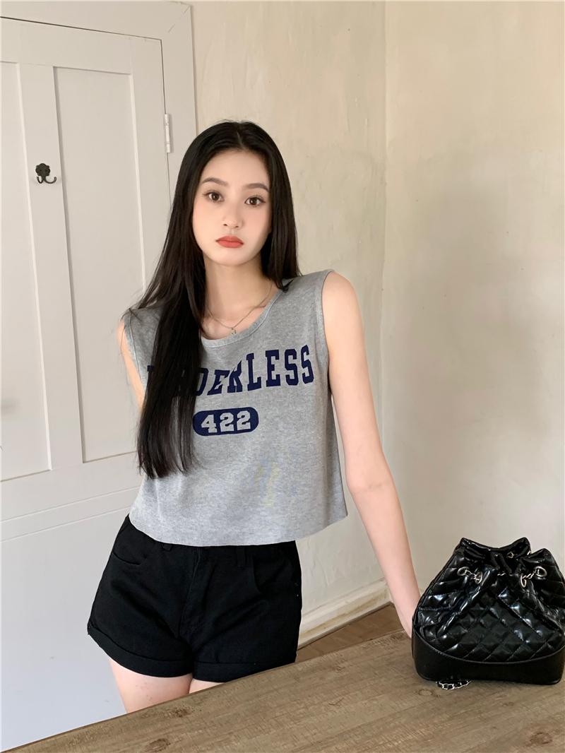 Real shot of sports vest T-shirt for women with hot girl lettering printed short outer sleeveless top