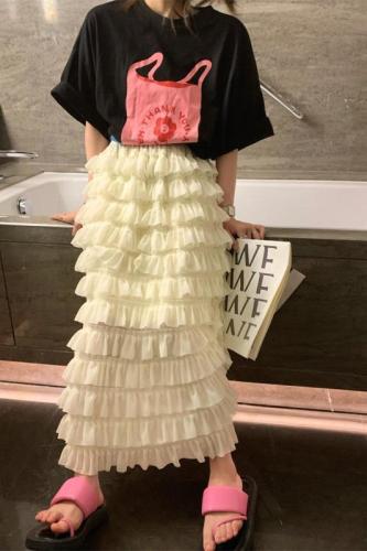 Actual shot of early spring new beige layered cake high-waisted skirt A-line long skirt