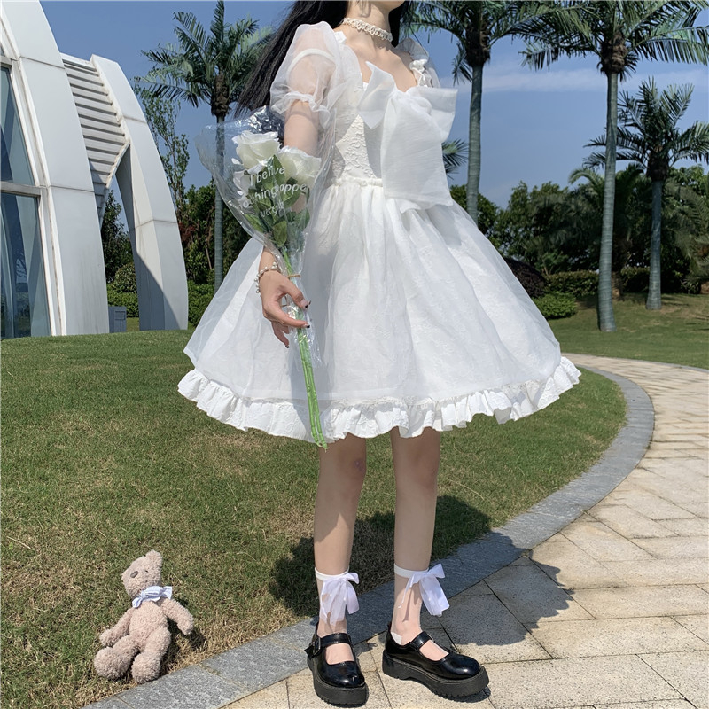 原版面料+做法 2024夏季蝴蝶結收腰顯瘦連衣裙泡泡袖蓬蓬公主裙