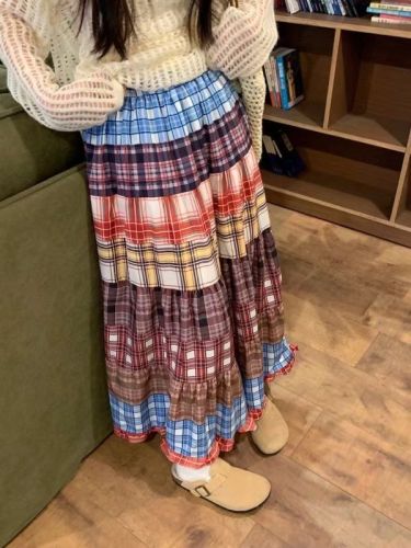 Colorful plaid print splicing skirt for women retro ethnic style high-waisted long skirt