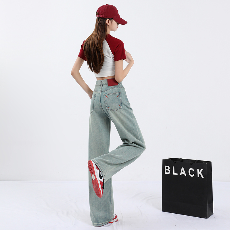 實拍 大量春夏新款紅色馬吉拉撞色刺繡高腰直筒牛仔褲女