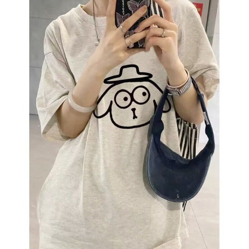純棉正肩短袖t恤女2024新款夏季灰色設計感小眾美式寬鬆半袖上衣