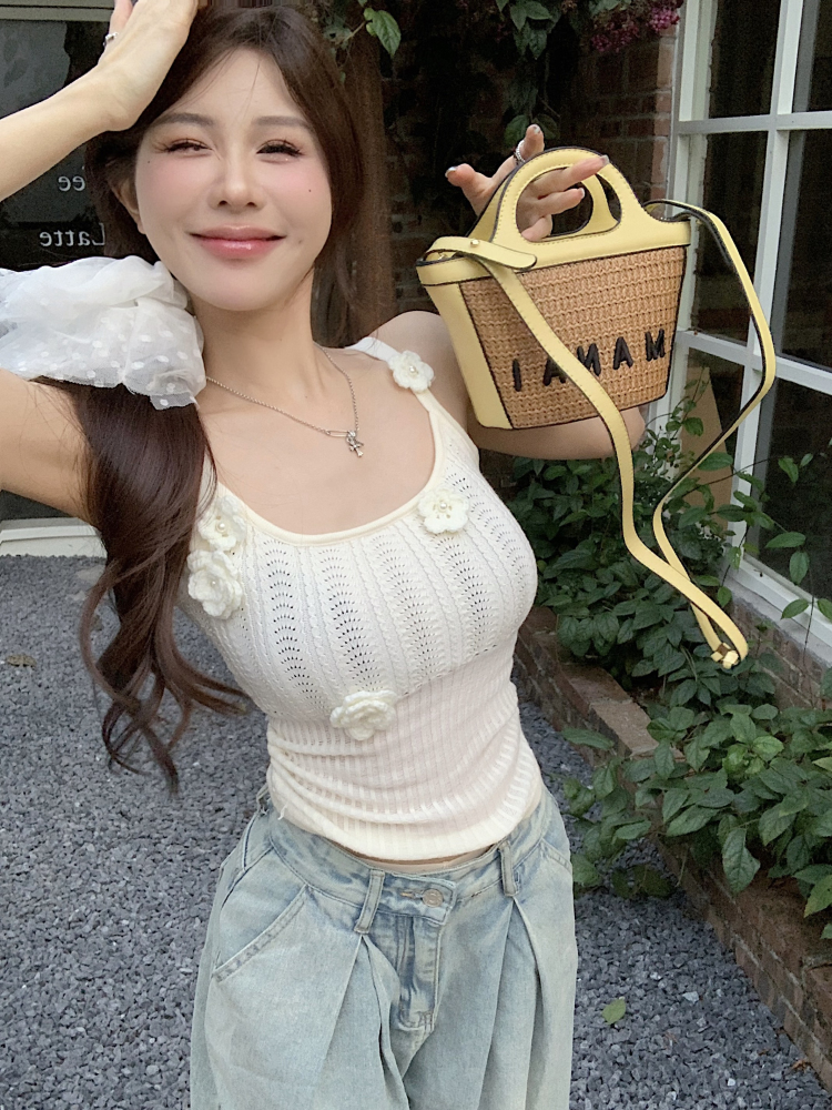 實拍 奶香陷阱 設計感小眾花朵針織吊帶內心內搭打底衫上衣