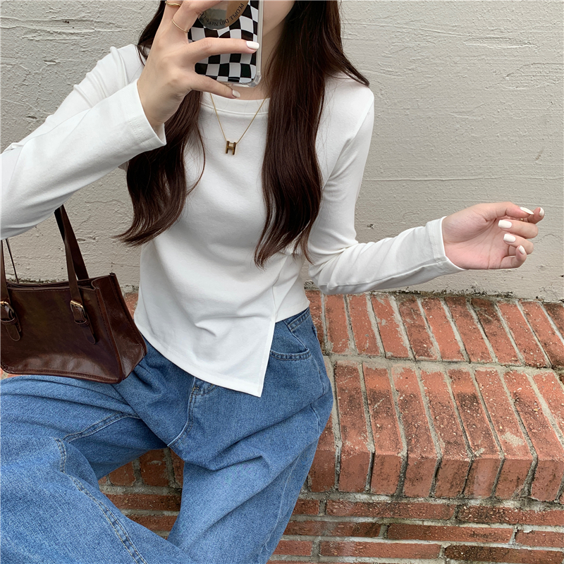 實拍 早秋新款韓版顯瘦不規則設計感長袖T恤上衣女
