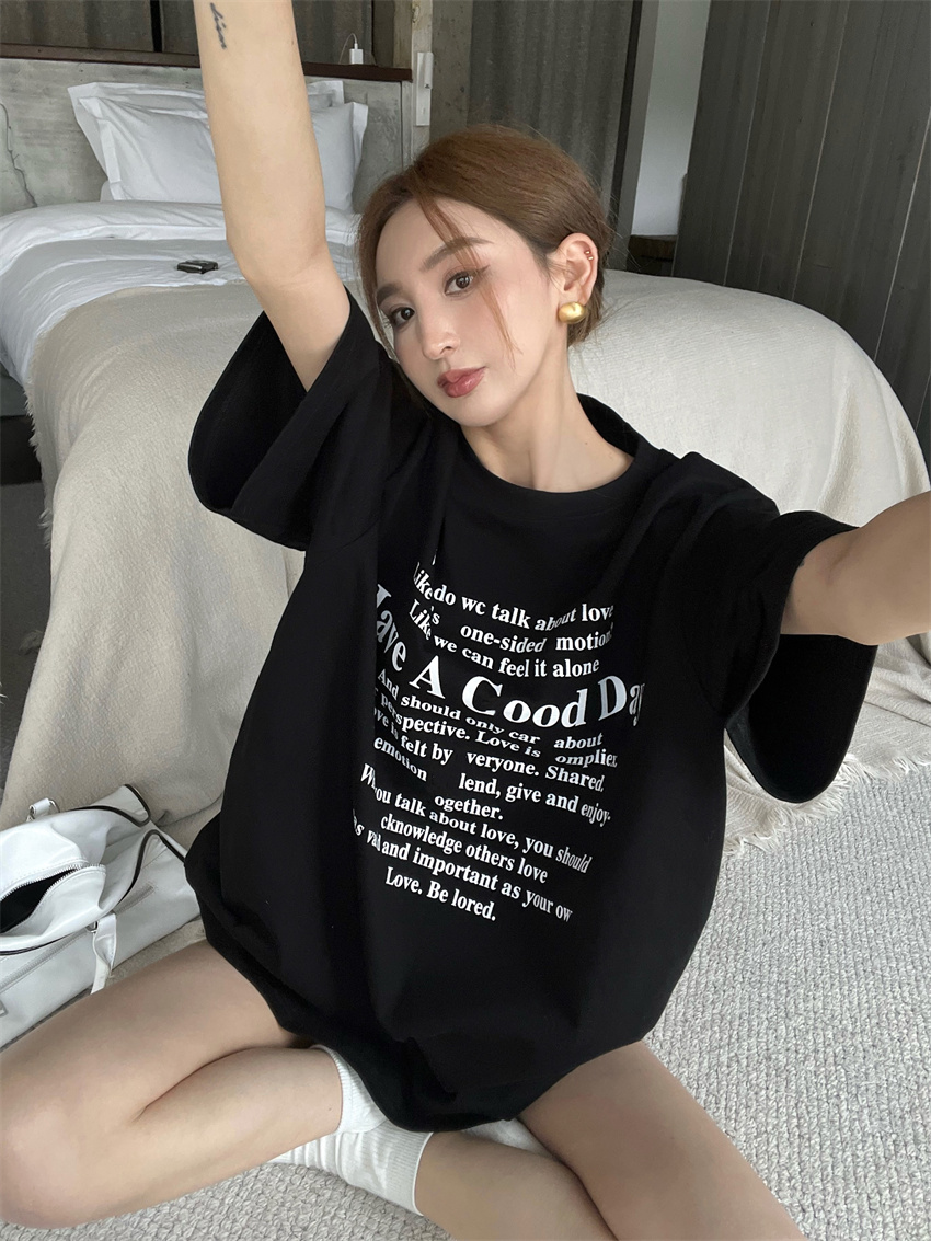 Korean style loose lazy letter casual mid-length T-shirt