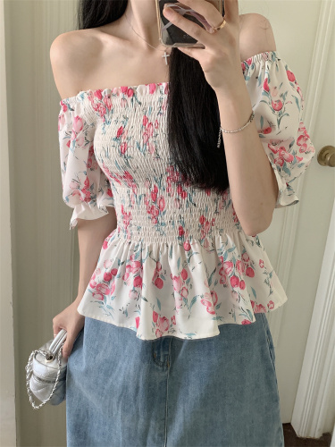 B021 real shot large size one shoulder shirt women's summer fat MM slimming niche French floral short top