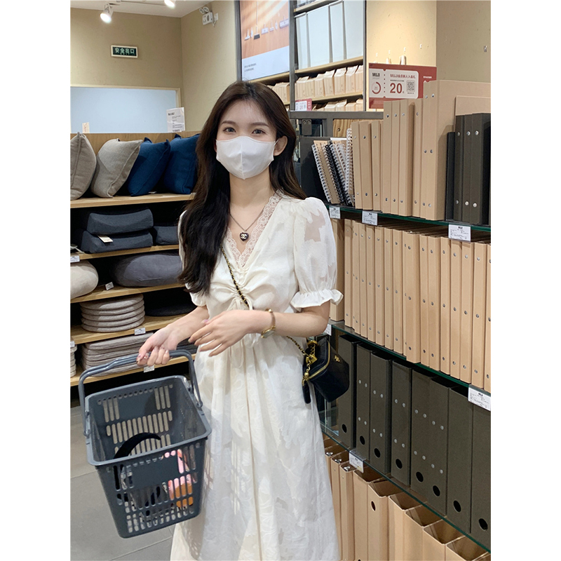 原版布溫柔少女系系帶連衣裙春季2024新款時尚高腰襯衫中長裙女潮