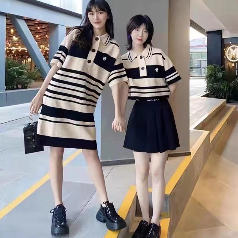 Muwuya 2024 spring and summer new top fashionable lapel black and white striped casual versatile knitted mid-length skirt for women